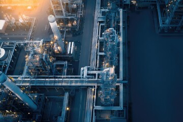 drone-shot top-down view of oil industry facilities with surrounding infrastructure in sprawling landscape