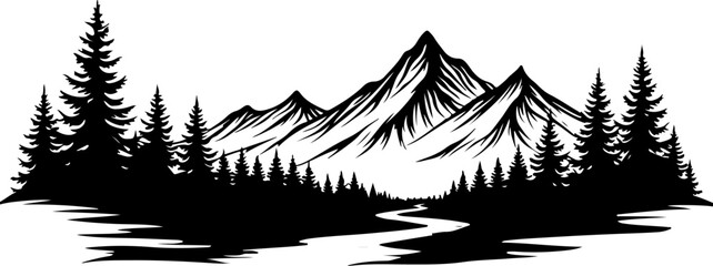 Mountain River Landscape Forest  illustration set