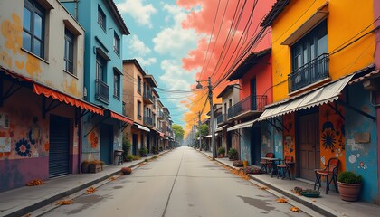 Obraz premium Colorful street scene photography of a vibrant town with buildings and sky for travel and design use