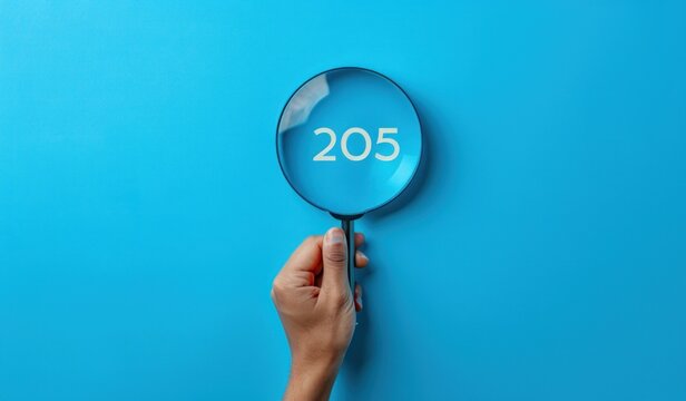 Hand holding magnifying glass over blue background focusing on number 205 with clear and bright atmosphere