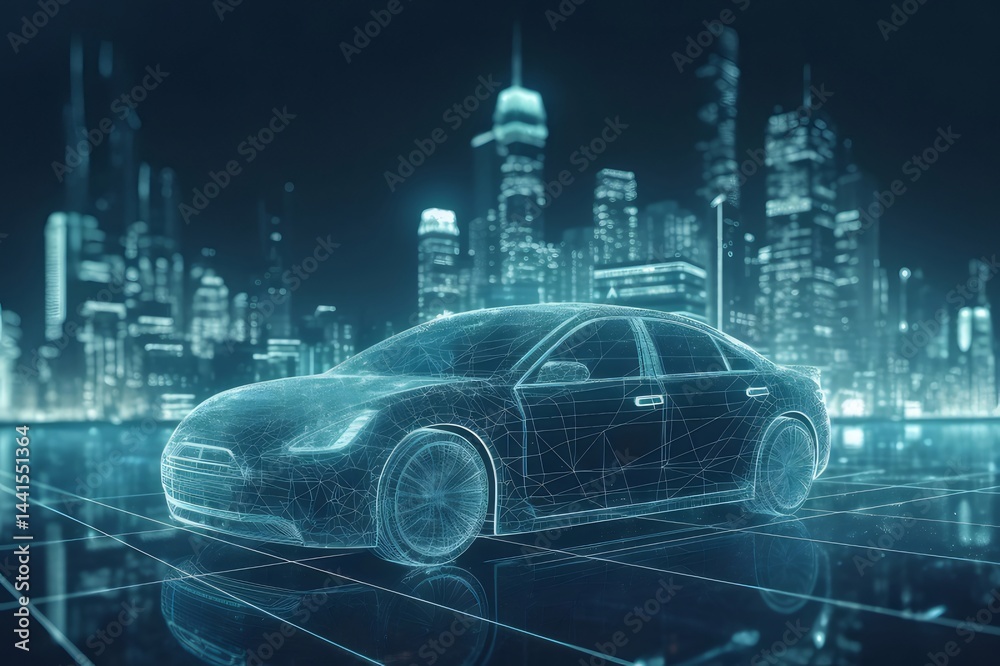 Aufkleber 青い光の未来都市と未来的な車のデジタルイラスト 輝く光の線が特徴的なデザイン