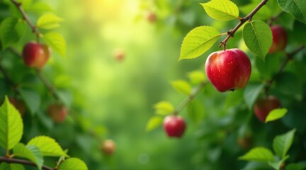 Obraz premium A single ripe red apple hangs from a branch amidst a vibrant orchard, bathed in the warm glow of sunlight filtering through lush green leaves.