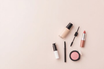 minimalistic and clean arrangement of daily makeup essentials on smooth light background emphasizing clarity