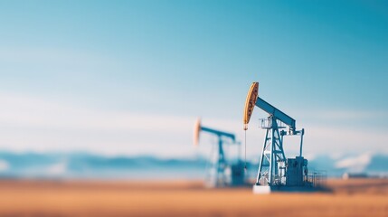 Fototapeta premium minimalistic capture of industrial oil pumps with blurred workers showcasing engineering innovations amidst vast landscapes
