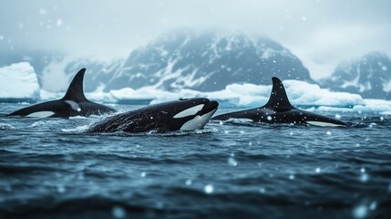Fototapeta premium Orcas swimming in icy ocean