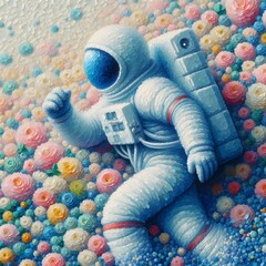 Astronaut Running Through a Field of Space Flowers
