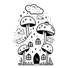 Enchanted Mushroom Village Illustration with whimsical details and serene atmosphere