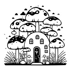 Whimsical mushroom dwelling: a monochromatic illustration of a fantasy home