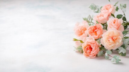Delicate pastel peach roses and eucalyptus
