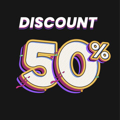 Obraz premium 50% Discount Typography Design with 3D Retro Comic Style on Dark Background for online shop promotions