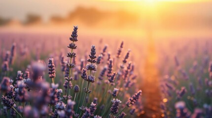 Obraz premium Sunlight bathes rows of lavender flowers in warm, hazy light, evoking peace and tranquility in the