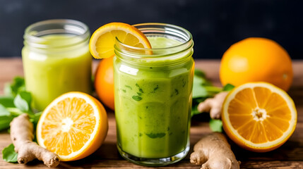 Fototapeta premium Blend lemon juice with orange, spinach, ginger, and a bit of honey for a refreshing smoothie rich in vitamin C
