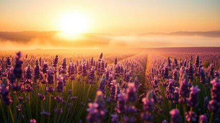 Naklejka premium Warm sunrise over lavender field, misty horizon and soft light creating peaceful, dreamy, floral