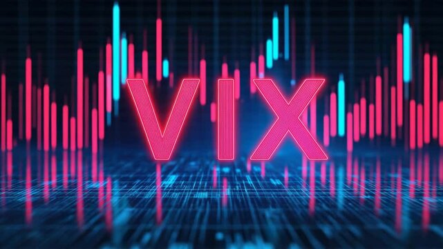 The word "VIX" in the center of the image with a background of trade war and economic warfare, representing the fear index and extreme stock market volatility.