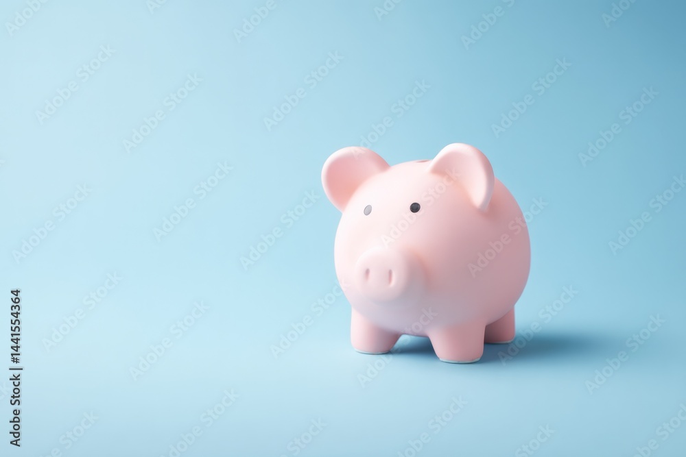 Poster minimalistic piggy bank on smooth solid color background with abundant copy space