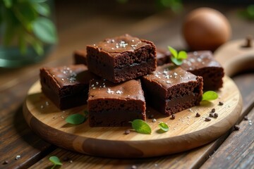 A delectable stack of rich, fudgy brownies, sprinkled with sea salt, rests on a rustic wooden board, garnished with fresh herbs; a tempting treat for chocolate lovers.