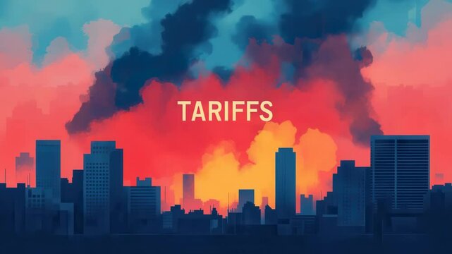 The word "TARIFFS" in the center of the image with a background of international trade wars. Public dissatisfaction with rising import and export taxes. Causes an increase in product prices.