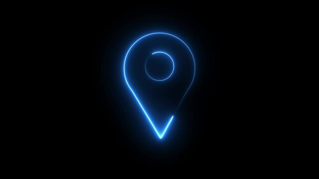 Abstract location glowing neon icon fast tracking map pin icon animation on black background.