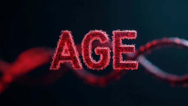 The word "AGE" with a DNA background symbolizes how strong genes contribute to longevity and good health. Science and research related to anti-aging and life extension.