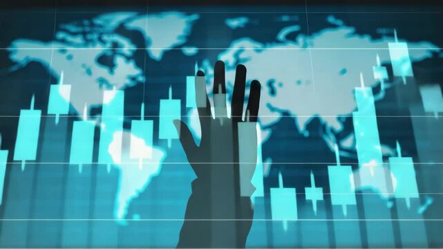 The shadow of a hand reaching toward the world map symbolizes the invisible hand or powerful entities controlling the global economy and politics. Smart money and money game.