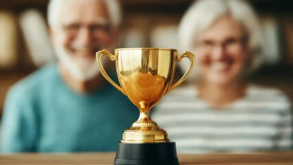Rewarding the final stage of life or retirement to ensure a joyful life. A golden trophy with a blurred background of an elderly man and woman smiling.