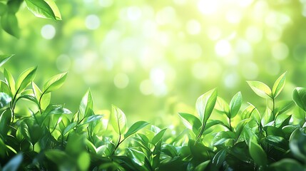 Sunlit grassy field with green leaves and bokeh effect