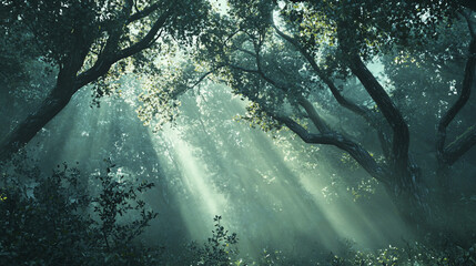 Sunlight filters through misty forest canopy