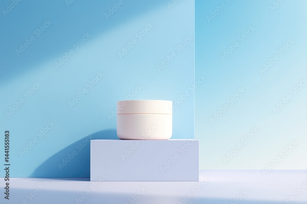 Poster minimalistic setting with empty podium for cosmetics surrounded by subtle colors and clean lines