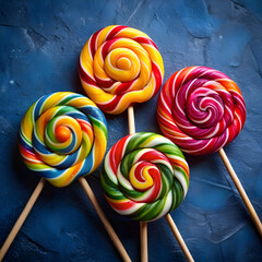 bright and delicious lollipops on dark blue background