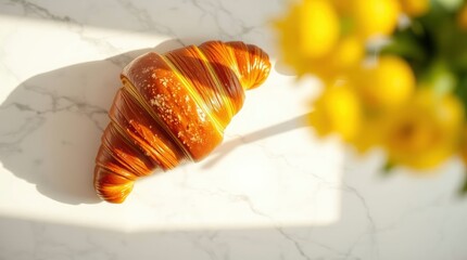 Golden brown, flaky croissant sits on a marble surface with soft, blurred yellow flowers in the
