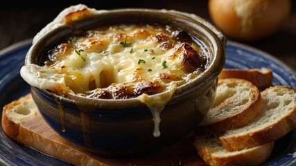 A Deliciously Baked French Onion Soup in a Rustic Bowl with Bread Slices