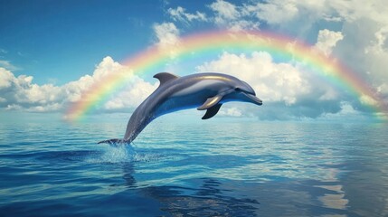 Fototapeta premium Dolphin gracefully jumps out of the ocean under a vibrant rainbow on a sunny day.