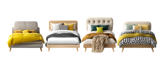 Modern upholstered bed frames with decorative bedding sets isolated on a transparent background for furniture catalog or interior design.