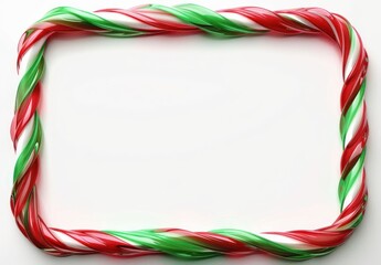 Fototapeta premium empty rectangular frame made of twisted red, green, and white candy canes on white background, festive and cheerful atmosphere