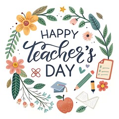 Fototapeta premium Happy Teacher's Day floral vector background with decorative flowers and butterflies.