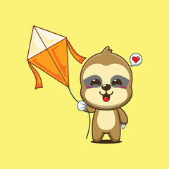 Cute sloth cartoon vector illustration playing kite