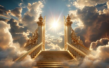 Majestic golden gates at the top of grand stairs surrounded by fluffy clouds under a radiant glowing sun and dramatic sky, evoking a serene and heavenly atmosphere