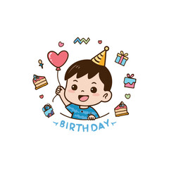 Cute Kids Birthday party Hand drawn cartoon art illustration