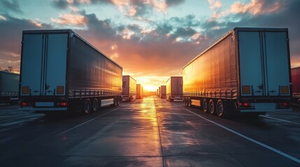 Obraz premium Two large cargo trucks positioned on a wet road at sunset, showcasing reflective sunlight on the trailers.
