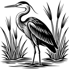 Great blue heron standing near tall grasses with intricate black and white silhouette illustration