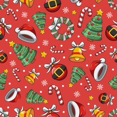 Seamless Pattern Merry Christmas On Red  Background. Cute Cartoon Illustration