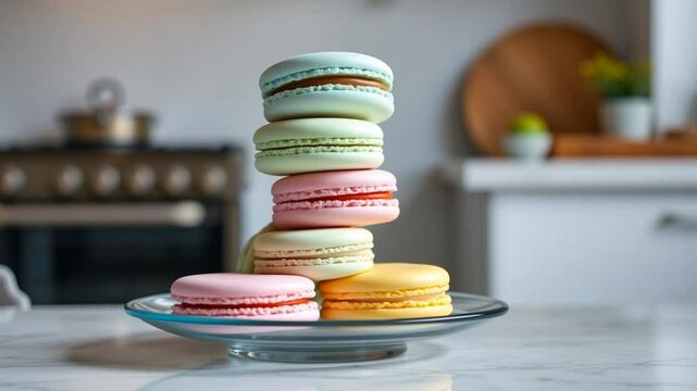 a stack of macaroons sitting on top of a glass plate