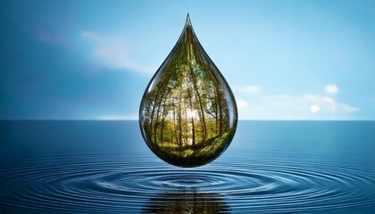 Nature action water droplet reflection of forest calm lake digital art serene landscape aesthetic concept