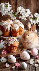 Adorable fluffy bunny with a traditional Easter Kulich cake, painted eggs, and a blooming branch. Bright and cheerful spring composition with rustic natural atmosphere and soft lighting.