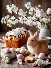 Adorable fluffy bunny with a traditional Easter Kulich cake, painted eggs, and a blooming branch. Bright and cheerful spring composition with rustic natural atmosphere and soft lighting.