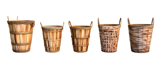 Five rustic wooden farm baskets featuring unique woven textures are neatly arranged in a row, isolated on a bright transparent background
