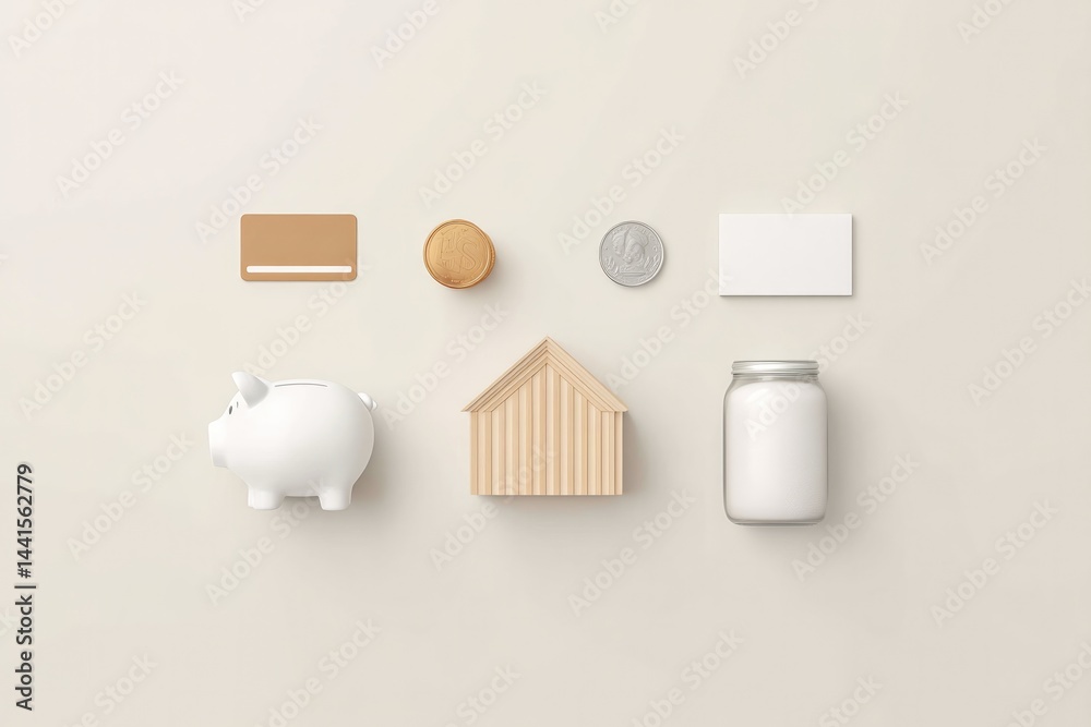 Poster minimalistic visual of essential banking products arranged symmetrically with abundant surrounding c