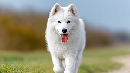 Obraz premium Fluffy samoyed dog walking happily on grassy path in serene landscape