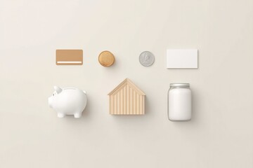 minimalistic visual of essential banking products arranged symmetrically with abundant surrounding copy space