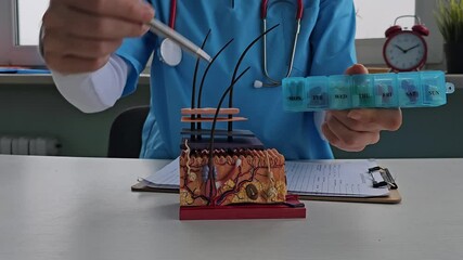 Doctor holds hair follicle model and hair loss treatment pills. Vitamin for hair and skin